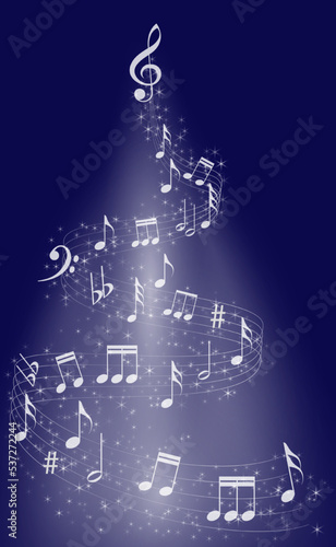 Christmas musical tree. Vector illustration of a Christmas tree with a garland of musical notes. Sketch for creativity.