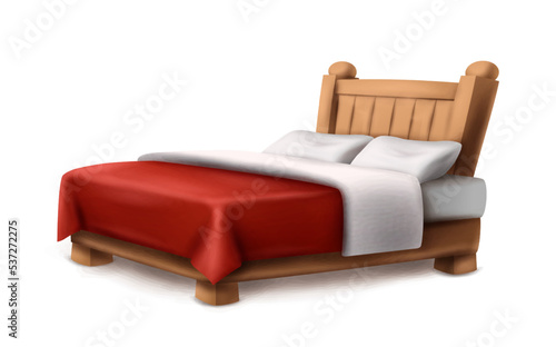 Cartoon style vector icon. Wooden double bed with red cover blanket and two pillows. Isolated on white background.