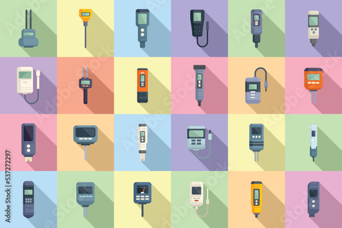 Ph meter icons set flat vector. Chemical acid. Biology meter