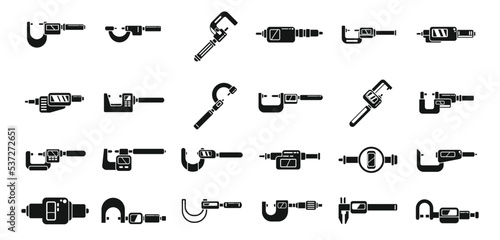 Digital micrometer icons set simple vector. Caliper ruler. Device construction