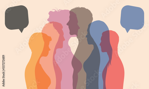 Dialogue group of diverse people with crowd talking and vector character profiles. Speech bubbles and communication between people.