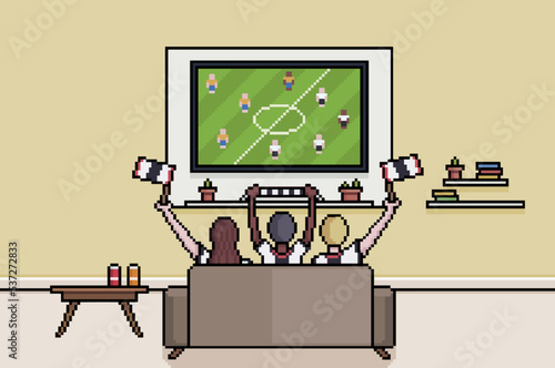 Pixel art fans watching football on tv in living room, germans watching the soccer world cup 8bit background

