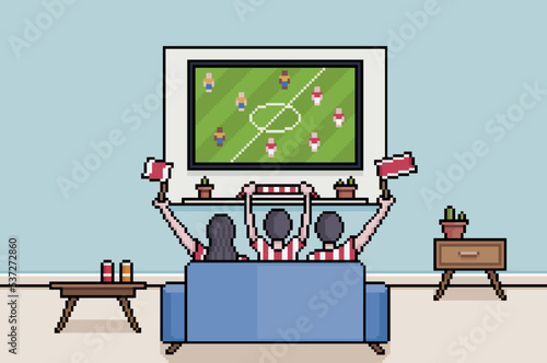 Pixel art fans watching football on tv in living room, south koreans watching the soccer world cup 8bit background
