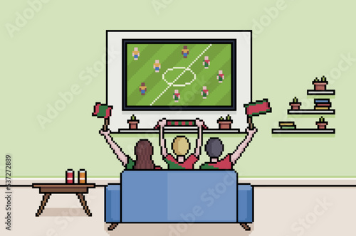 Pixel art fans watching football on tv in living room, portuguese people watching the world cup 8bit background
