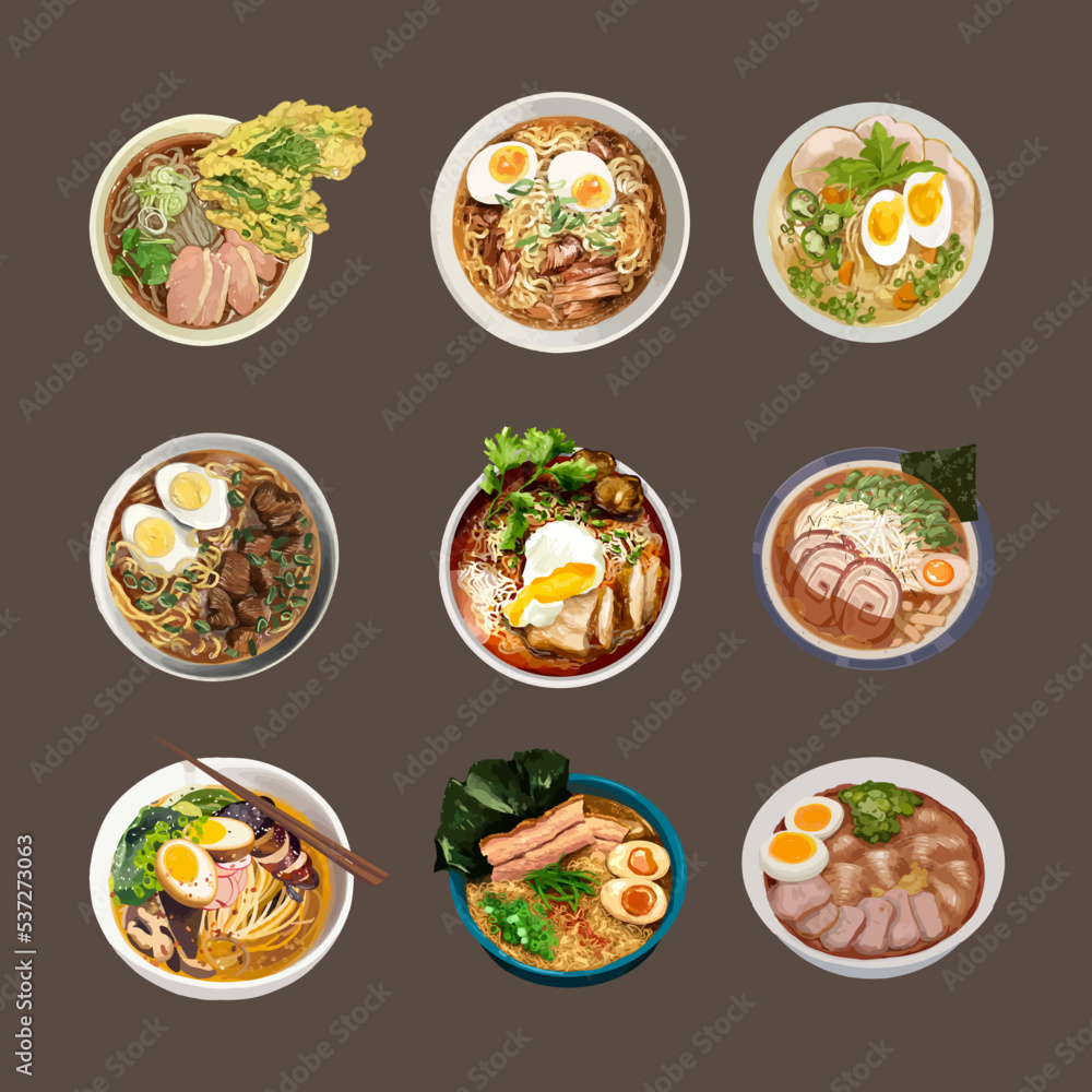 Beef ramen noodles - bowl with noodle, meat pieces and vegetables. Watercolor vector illustration Beef ramen noodles - bowl with noodle, meat pieces and vegetables. Watercolor vector illustration