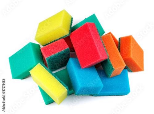 Several multi-colored sponges isolated on a white background. Sponge for washing dishes .
