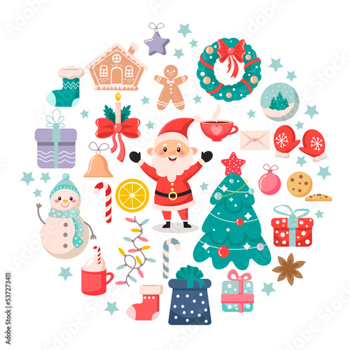 A set of vector Christmas elements and characters for the design of winter holidays. New Year's holiday decorations.