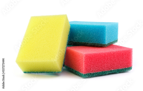 Several multi-colored sponges isolated on a white background. Sponge for washing dishes .
