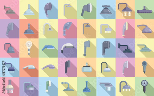Shower heads icons set flat vector. Water bathroom. Falling hose