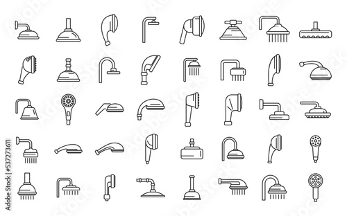 Shower heads icons set outline vector. Water bathroom. Falling hose