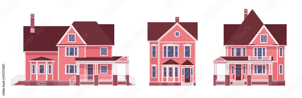 Beautiful pink house cartoon set. Mansion erker elements, housing industry, best neighborhood residence, home hunting, new building purchase, renting, owning residence. Vector flat style illustration