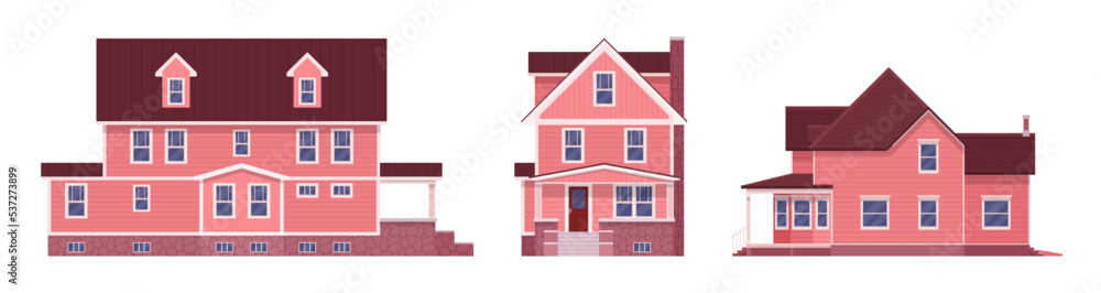 Pink facade house cartoon set. Expensive residence, nice design luxurious new home, housing agency, real estate market, happy homeownership, smart financial investment. Vector flat style illustration Pink facade house cartoon set. Expensive residence, nice design luxurious new home, housing agency, real estate market, happy homeownership, smart financial investment. Vector flat style illustration