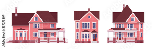 Beautiful pink house cartoon set. Mansion erker elements, housing industry, best neighborhood residence, home hunting, new building purchase, renting, owning residence. Vector flat style illustration © andrew_rybalko