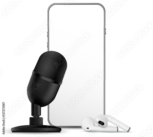 Podcast icon. Audio equipment with microphone, sound headphones, podcast application on mobile smartphone screen. Radio recording sound voice on dark background. Broadcast media music concept.
