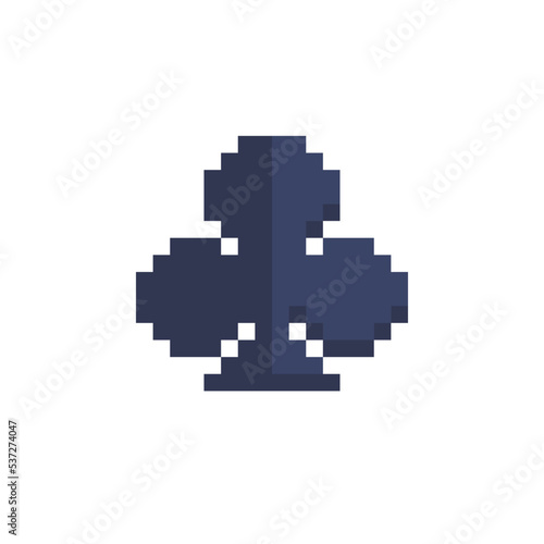 Poker playing card suit clover shape pixel art icon. Clubs suit deck. Design for stickers, logo, web, mobile app, badges and patches, arcade. Isolated vector illustration. Game assets 8-bit sprite.