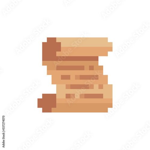 Pixel paper scroll icon. Sticker design. Old school computer graphic style. Pixel art 8-bit. Isolated vector illustration.