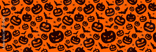 Happy Halloween Seamless Pattern Illustration with Cute Pumpkin and Flying Bats on Orange Background. Vector Autumn Holiday Design Template for Greeting Card, Flyer, Banner, Celebration Poster or