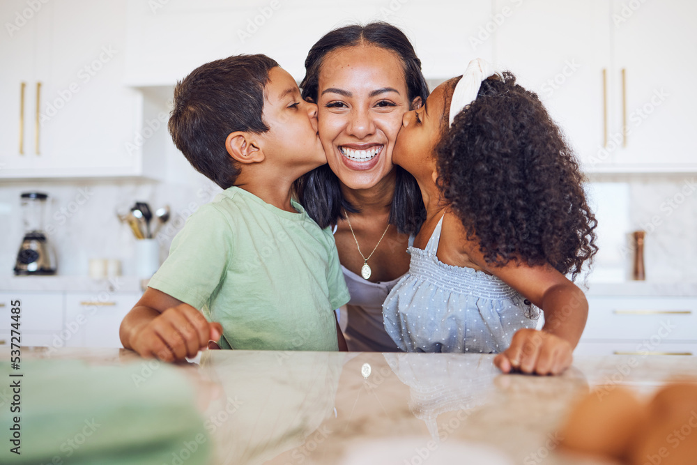 Family, kitchen and children kiss mom with love, happiness and bond while relax in Mexico home, house or apartment. Happy, smile and youth kids enjoy quality time together with mama on Mothers Day Family, kitchen and children kiss mom with love, happiness and bond while relax in Mexico home, house or apartment. Happy, smile and youth kids enjoy quality time together with mama on Mothers Day