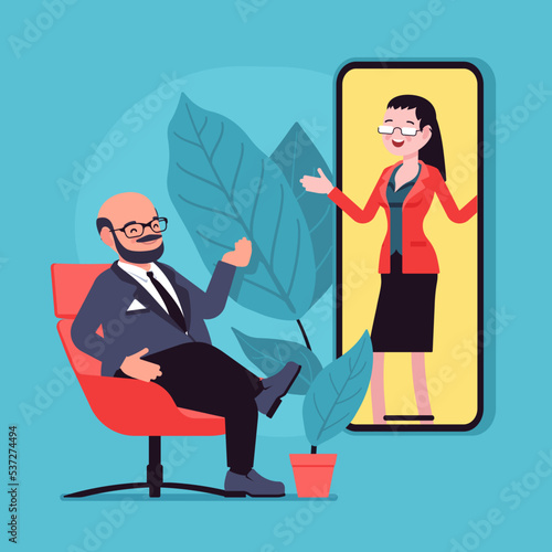 Adult man talking to woman in mobile phone screen. Virtual assistant, working remotely, good tele communication, healthy relationships, personal growth. Vector creative vibrant botanical illustration