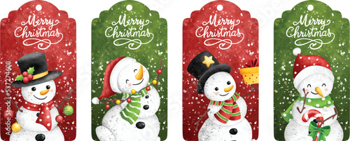 Watercolor Illustration set of Christmas hangtag with snowman photo
