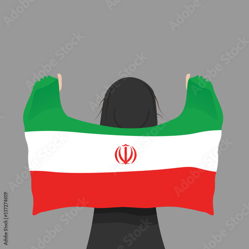 Rally and protest in iran 2022. Women's freedom in Iran. Vector illustration. Woman under pressure of iran flag