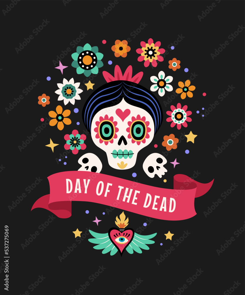 Day Of The Dead concept. Vector flat cartoon illustration with sugar festive female skull surrounded by flowers, ribbon with inscription. Isolated on black background