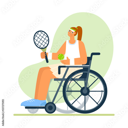 Young tennis player in a wheelchair. Athlete with a disability. Flat vector illustration
