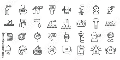 Sos icons set outline vector. Emergency fire. Exit phone