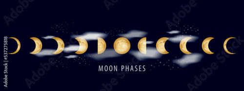 Movements of the Moon Phases Realistic Illustration on dark