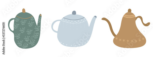 Vector set of dummies. Kitchen Utensils Teapot Cartoon Illustration Flat Vector Teapot Set. Kitchen utensils. Household appliance for brewing tea. Elements for advertising