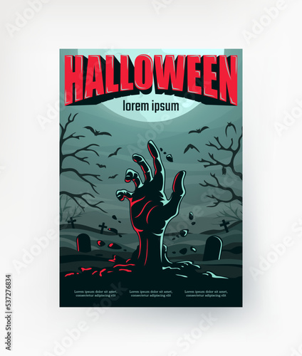 Zombie hand on the cemetery background A poster for Halloween. Vector.