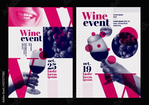 Collage hand holding wine glass, bottle, lips, vine leaves and grapes with retro style, halftone effect. Template for event poster, magazine or promotion. Vector