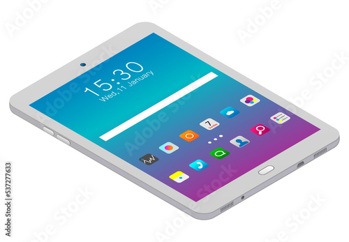Smartphone isometric illustration isolated. Smartphone with working screen and operating system icons