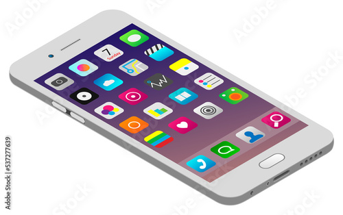 Smartphone isometric illustration isolated. Smartphone with working screen and operating system icons