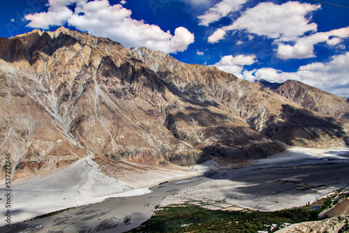Landscape of Leh in Ladakh region of India in Summers with blue sky and clouds