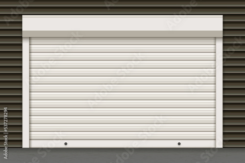 White closed roller garage shutter door with realistic texture on the dark wall. Metal protect system for shops and stores. Vector illustration of steel gate of house or warehouse. Roller up blinds.