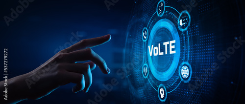 VoLTE Voice over LTE communication technology concept. Hand pressing button on screen. photo