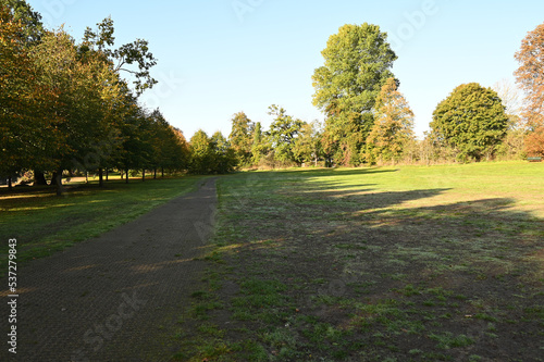 An English park in Surrey on a cold fall morning in October 2022. 