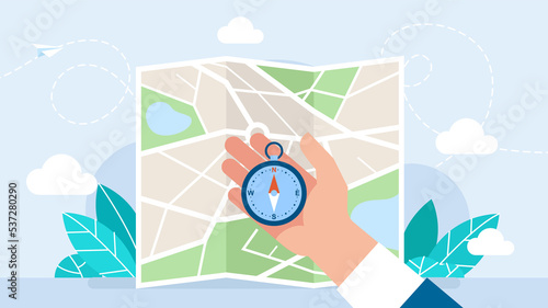 Hand holding a compass on background of the map. Search for direction of movement, landmark. A businessman holds a navigation device in his palm. Navigation concept. Flat style. Illustration.