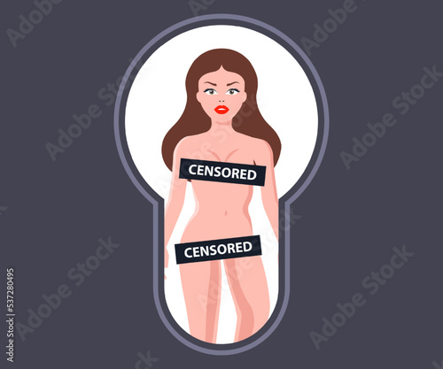 peep through the door hole behind a naked woman. flat vector illustration.