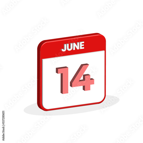 14th June calendar 3D icon. 3D June 14 calendar Date, Month icon vector illustrator