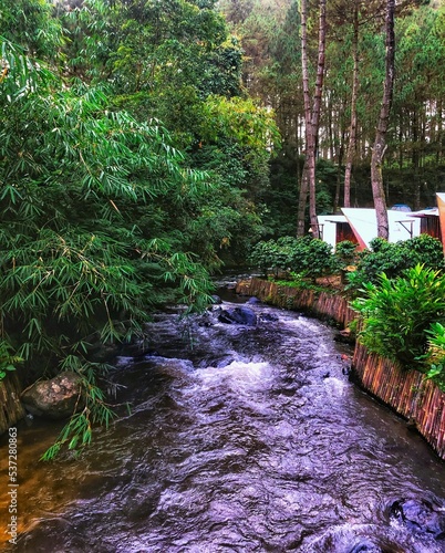 Φωτογραφία Vertical shot of a river on the background of green foliage and the encampment