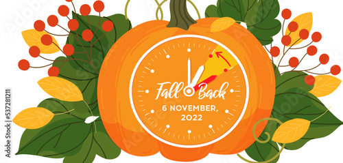 Daylight saving time, 2022 concept. Alarm clock and calendar date of November 6 on the pumpkin background with autumn leaves. The reminder text - set clock back one hour. Vector illustration