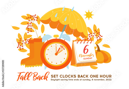 Daylight saving time, 2022 concept. Fall Back Time. Alarm clock and calendar with the date of November 6 on the autumn background. The reminder text - set clock back one hour. Vector cozy illustration