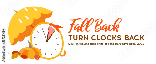 Fall Back banner, Daylight Saving Time Ends web reminder. Change clock back an hour. Minimalist web banner in cartoon style, date 6 november, 2022