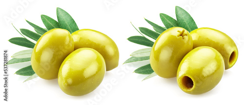 Fototapeta Naklejka Na Ścianę i Meble -  Green pitted olives and whole green olives with leaves isolated on white background.