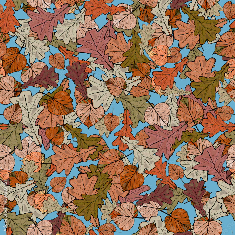 Pattern of various autumn leaves on an abstract background. Seamless hand drawn floral pattern. Botanical pattern for wallpaper, designer blank, logo, icon