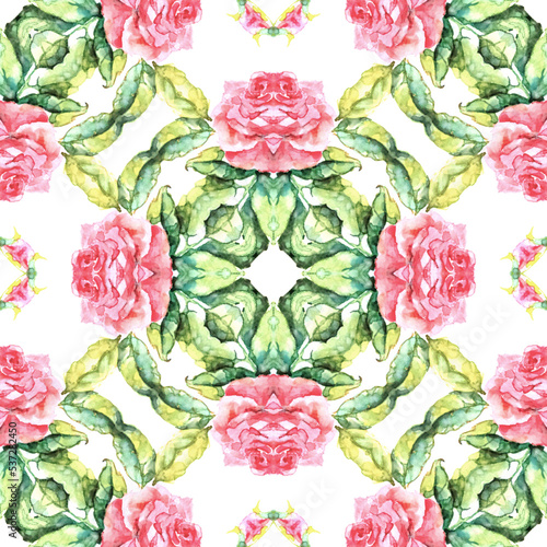 Watercolor seamless pattern with roses and leaves on white background.