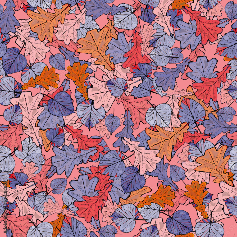 Pattern of various autumn leaves on an abstract background. Seamless hand drawn floral pattern. Botanical pattern for wallpaper, designer blank, logo, icon