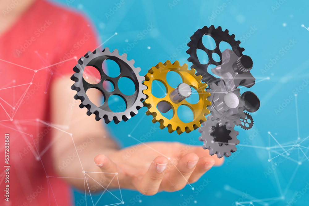 gear system data. Connecting lines and dots.Big data visualization gear system data. Connecting lines and dots.Big data visualization